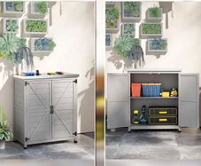 Garden cabinet, outdoor cabinet with worktop, tool cabinet, solid wood, steel