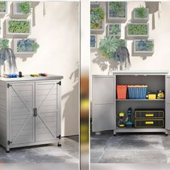 Garden cabinet, outdoor cabinet with worktop, tool cabinet, solid wood, steel