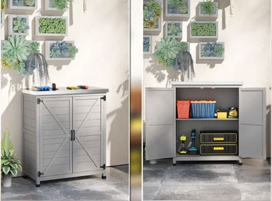 Garden cabinet, outdoor cabinet with worktop, tool cabinet, solid wood, steel