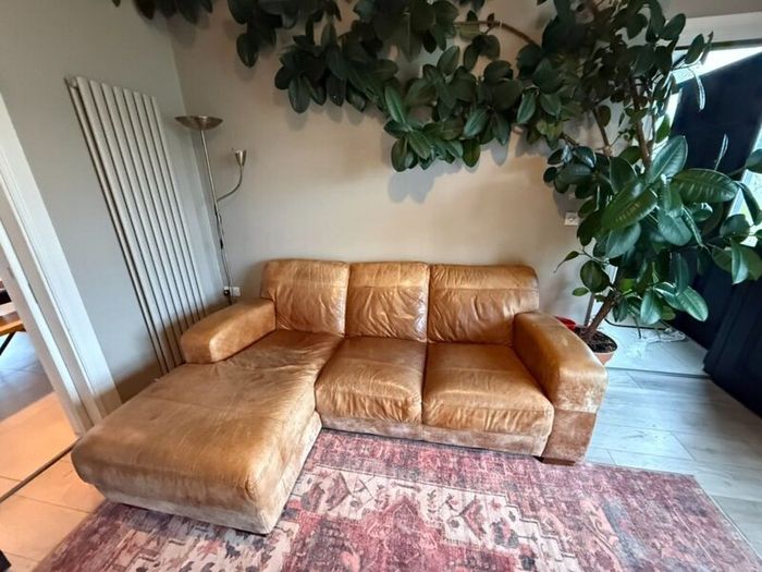 Tan Leather Sofa with Left Hand Chaise