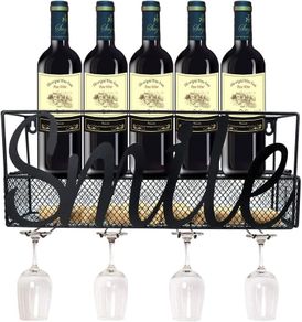 Wall Mounted Metal Wine Rack, Champagne Drink Storage Racks with 4 Long Stem Glass Holders