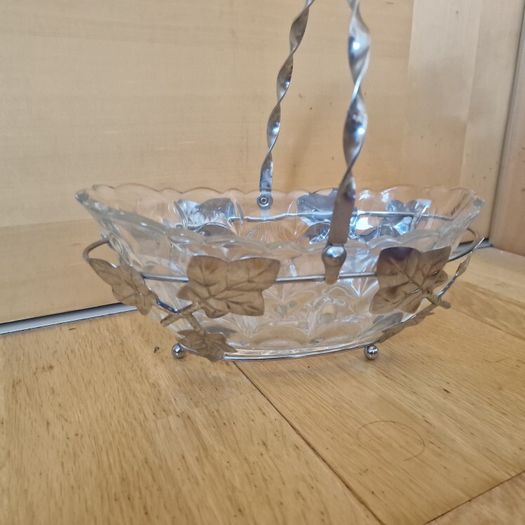 Vintage Glass Basket Dish with Ivy Holder