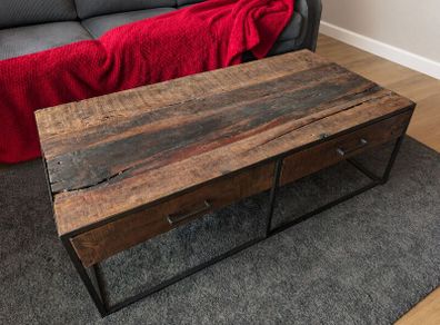 Large Acacia Wood Coffee Table with Pass Through Drawers
