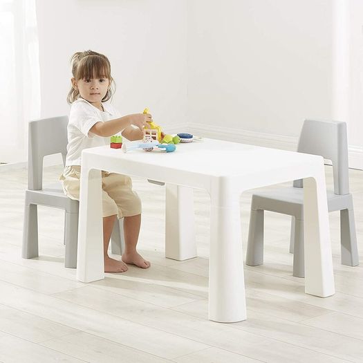 Kids White and Grey Height Adjustable Table and 2 Chairs, 49-54cm H x 50cm W x 78cm D