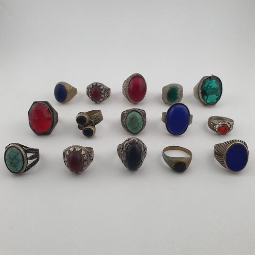 Antique Ring Collection Lot of 15 Mixed Brass & Stone,Glass Antique Style Rings