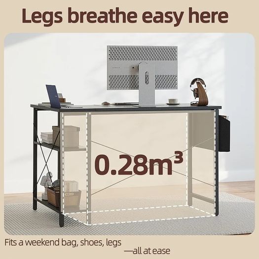 Shaped Gaming Desk, 100x70 cm Computer Corner Desk with Storage Bag, Office Desk Small Writing Table with Large Reversible Storage Shelves, Workstation for Study Play Work Home Office, Black