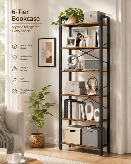 Bookcase with 6 levels and steel 6 Tier Bookcase Steel Frame Freestanding Shelf Living Room Bedroom Study ndustrial Design