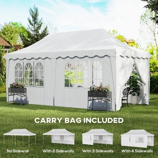 3 x 6m Pop Up Gazebo with Sides, UPF50+ Height Adjustable Marquee Party Tent, Wedding Canopy, Instant Event Shelter with Carry Bag and Sand Bags for Garden, White