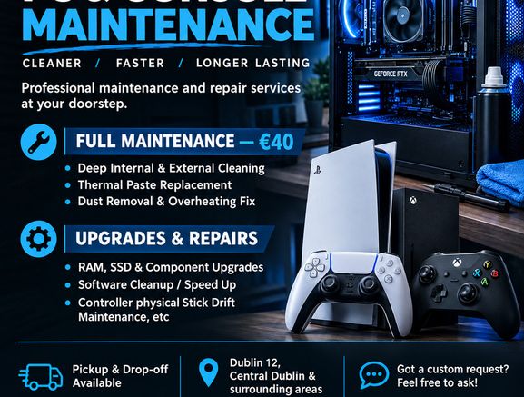 Pick-up & Drop-off! PC, Laptop & Console Full Maintenance Eur40 Deep Clean, Thermal Paste, Upgrades & Repairs in D12, City Centre, Surrounding Areas