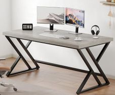 Grey Desk Industrial Wood Home Office Computer for Bedroom Farmhouse Metal Wooden Study Work PC Gaming Writing Table Modern Simple Executive with Storage 55 Inch Light Gray