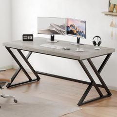 Grey Desk Industrial Wood Home Office Computer for Bedroom Farmhouse Metal Wooden Study Work PC Gaming Writing Table Modern Simple Executive with Storage 55 Inch Light Gray