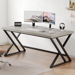 Grey Desk Industrial Wood Home Office Computer for Bedroom Farmhouse Metal Wooden Study Work PC Gaming Writing Table Modern Simple Executive with Storage 55 Inch Light Gray