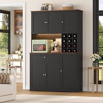 Kitchen Cabinet 180 cm Buffet Cabinet with LED Sideboard for Kitchen with Power Strip Kitchen Cabinet with Worktop and Wine Rack for 12 Bottles Kitchen Buffet Kitchen Furniture 180 x 100 x 39  N