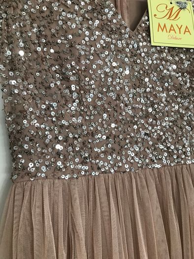 Maya Bridesmaid v neck maxi tulle dress with tonal delicate sequins in taupe blush