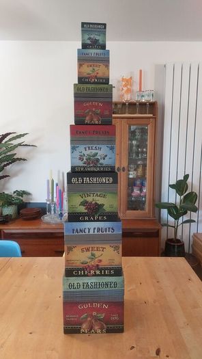 Fabulous Set of Three Large Graduated Stackable Nesting Storage Boxes by Quality Manufacturer Bob's Boxes/Lang Paper Co. with "Fancy Fruits" Artwork by Kimberly Poloson
