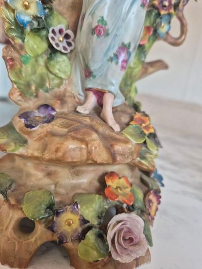 Antique German porcelain figural spill vase tree trunk & maiden c,1900