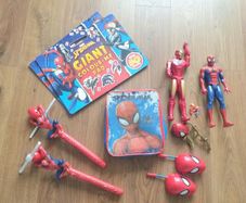 spiderman bundle- figures, walkie talkie, big lunch bag, lightning wands