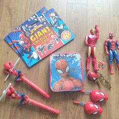 spiderman bundle- figures, walkie talkie, big lunch bag, lightning wands