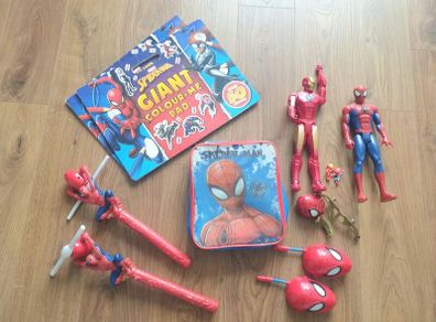 spiderman bundle- figures, walkie talkie, big lunch bag, lightning wands