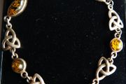 Vintage 925 Sterling Silver Genuine Amber Stone Celtic Trinity Knot Triquetra Triskelion Trikele Bracelet length 7,5" - 8,7g