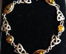 Vintage 925 Sterling Silver Genuine Amber Stone Celtic Trinity Knot Triquetra Triskelion Trikele Bracelet length 7,5" - 8,7g