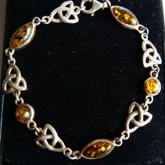 Vintage 925 Sterling Silver Genuine Amber Stone Celtic Trinity Knot Triquetra Triskelion Trikele Bracelet length 7,5" - 8,7g