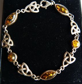 Vintage 925 Sterling Silver Genuine Amber Stone Celtic Trinity Knot Triquetra Triskelion Trikele Bracelet length 7,5" - 8,7g