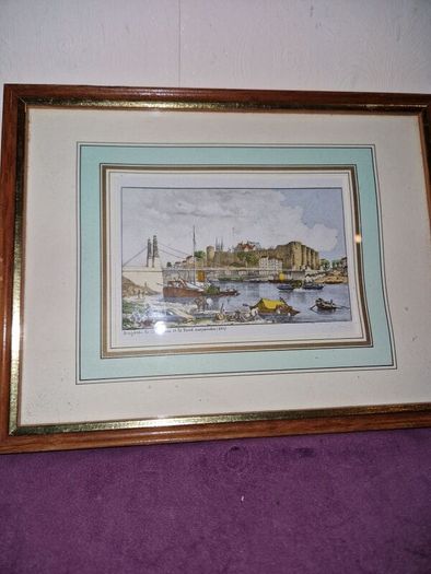 Antique Coloured etching of Angers Le Chateau Et Le Pont Suspendu