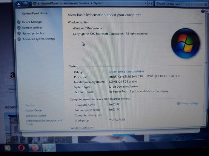 Lenovo Ideapad U350, Model 2963, Intel Core 2 Solo CPU U3500, 1.4GHz, 4GB Ram, 230GB SSD,  Windows 7 professional 32 bit, Opera, Firefox, Chrome and VLC