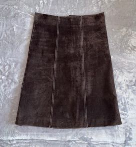 Vintage Y2K Real Suede Chocolate Brown Midi Skirt 100% Suede A-Line Boho Indie UK8