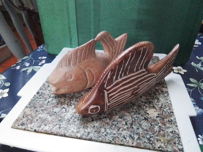 Two Stone Carved  Fish & a Stone Carved Bud Vase
