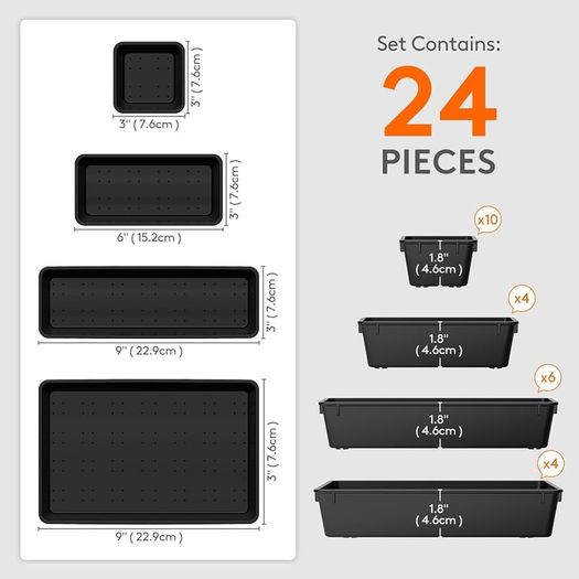 24pcs Drawer Organiser Set, Office Desk Drawer Dividers, Makeup Trays Plastic, Black Dresser Storage Bins Separation Box for Bathroom, Toolbox, Cosmetic, Jewelries and Gadgets, Bedroom