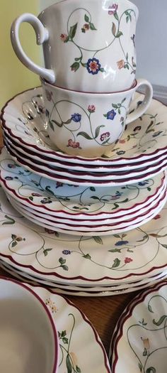 Set of 20 pcs Vintage Staffordshire Oakwood Floral with Burgundy Rim England