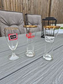 3 Vintage Gold Rimmed Beer Glasses