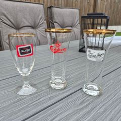 3 Vintage Gold Rimmed Beer Glasses