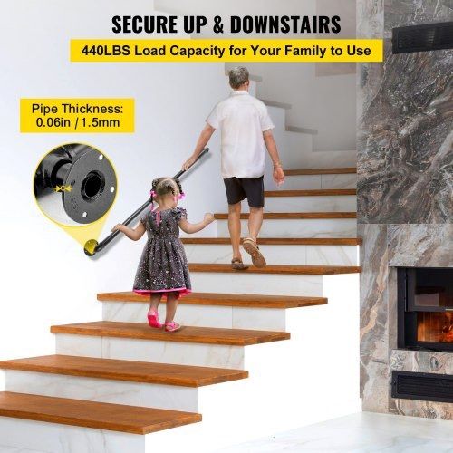 Pipe Stair Handrail, 3FT Staircase Handrail, 440LBS Load Capacity Carbon Steel Pipe Handrail, Industrial Pipe Handrail with Wall Mount Support, Round Corner Wall Handrailings for Indoor, Outdoor (FREE SHIPPING)