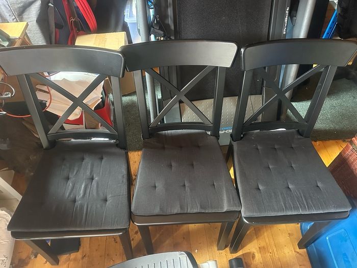 3 black chairs Ikea with cushions