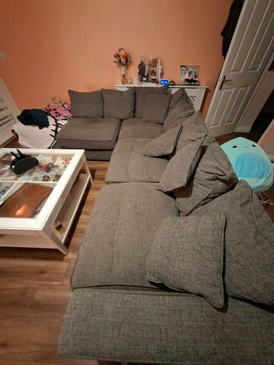 L couch, swivel love seat and large footstool