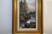 Original Signed Oil Painting - River Landscape, Gilt Frame
