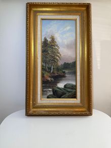 Original Signed Oil Painting - River Landscape, Gilt Frame