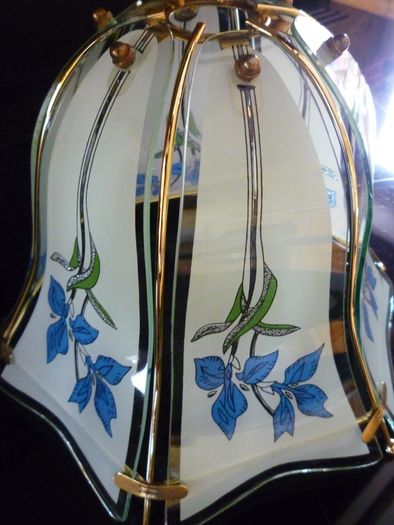 Glass Ceiling Light Shade Frosted Grey, Blue & Green, Gold Trim. SUPER CONDITION