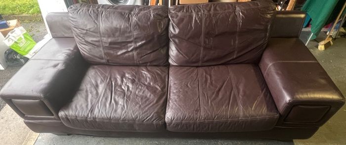 Brown leather sofa & armchair