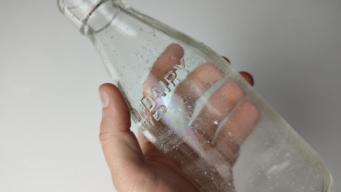 361 - Strand Dairy Vintage Collectible Decorative Clear Glass Embossed Letters Milk Bottle