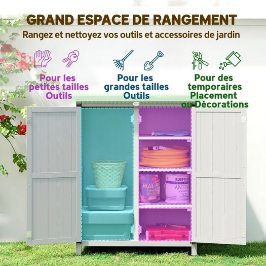 Garden shed cabinet 3 shelves 2 doors galvanized waterproof metal roof solid wood 75 x 40 x 90 cm gray