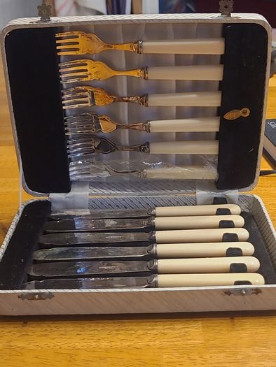 Vintage Sheffield silver Fish Cutlery Set W/ Faux Bone Handles