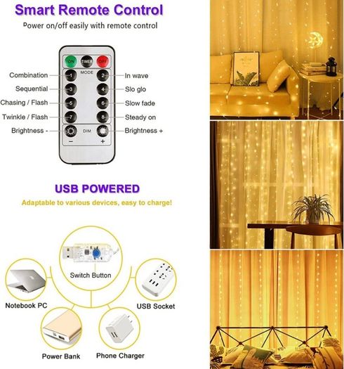 Curtain Fairy Lights Waterproof, 3mx3m 300LED Fairy Lights with 8 Modes Remote Control Timer Adjustable Brightness, Curtain Light Plug in for Bedroom, Garden, Party, Wedding, Christmas MULTIPLE COLOURS AVAILABLE (FREE POSTAGE)