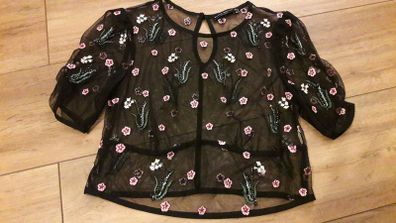 Bershka black mesh embroidered top size UK small
