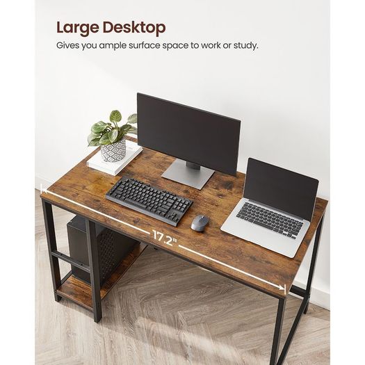 Desk Computer Desk PC Desk Office Table with 2 Shelves on Right or Left Side for Office Living Room Steel Frame Industrial Design Vintage Brown/Black