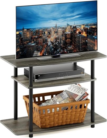TURN-N-TUBE TV Stand, 3-Tier No Tools Entertainment Center, TV Console for TV up to 32 Inch, for Living Room, Bedroom, French Oak
