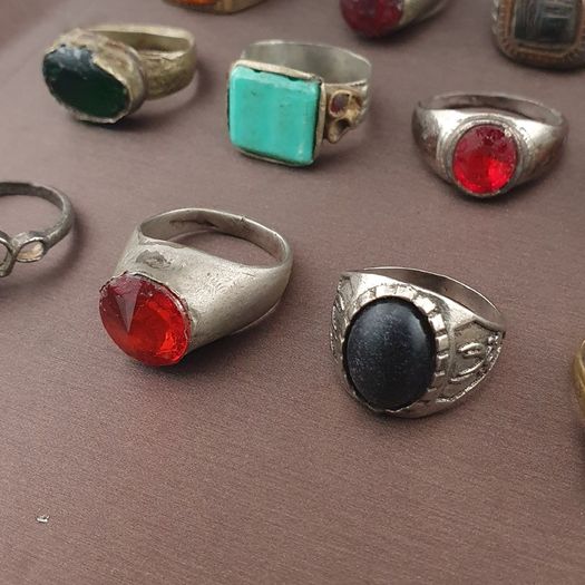 Antique Brass Ring Collection 15 Mixed Handmade Stone & Glass Rings